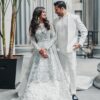 ICE BLUE WEDDING LONG TRAIL GOWN WITH SILVER EMBROIDERY - DN-1907