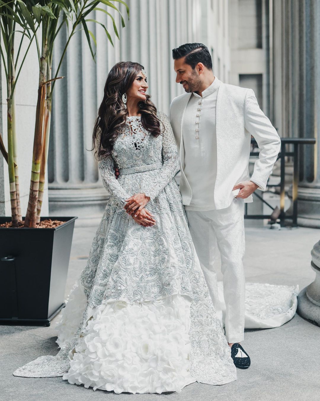 ICE BLUE WEDDING LONG TRAIL GOWN WITH SILVER EMBROIDERY - DN-1907