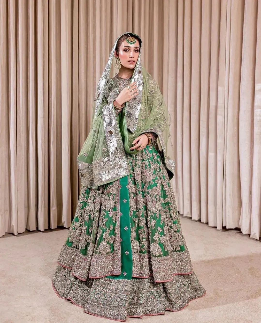 Green Designer Reception and Wedding Split Jacket with Lehenga and Embellishment - DN-1490