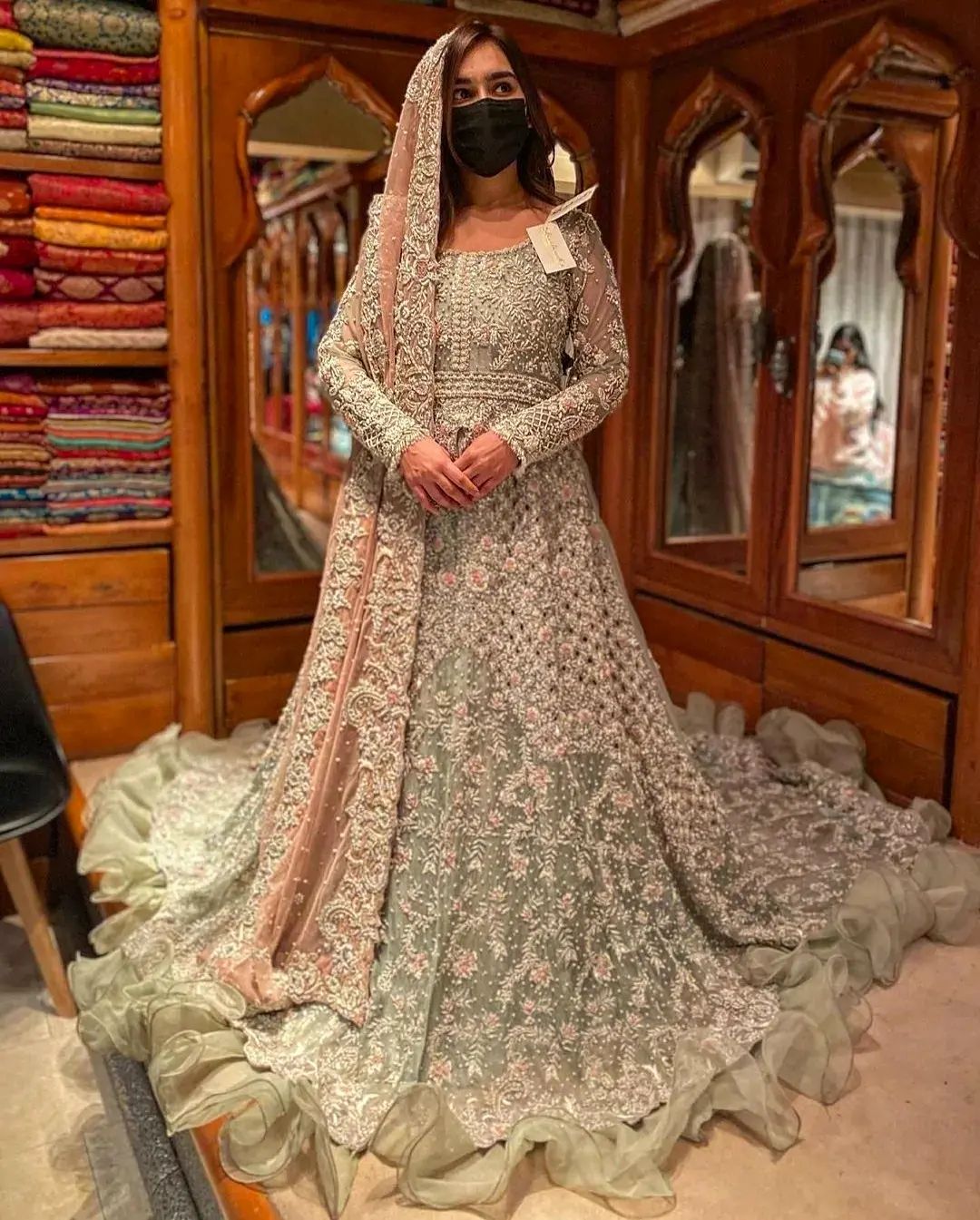 Designer Pakistani Wedding Waleema Long Trail Gown with Trail and Embellishment - DN-1487