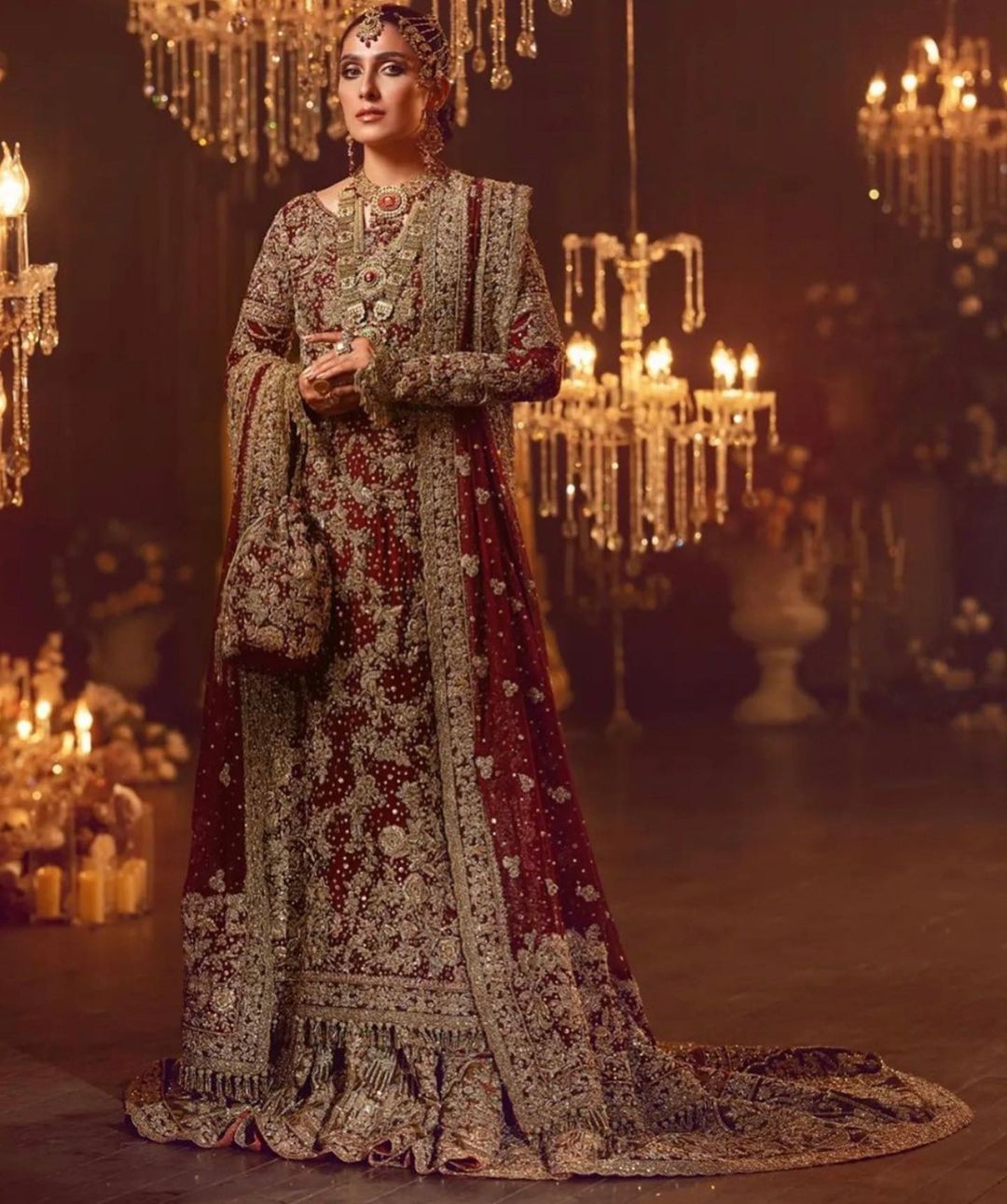 Maroon Traditional Bridal Long Trail Lehenga with Kurti and Embellishment - DN-1467