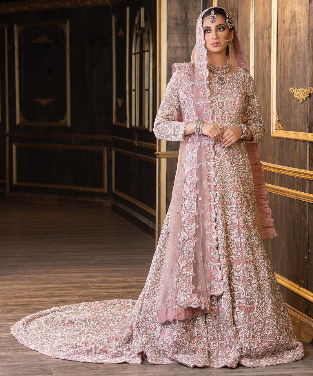 Pink Designer Reception and Waleema Long Trail Gown with Embellishment - DN-1466