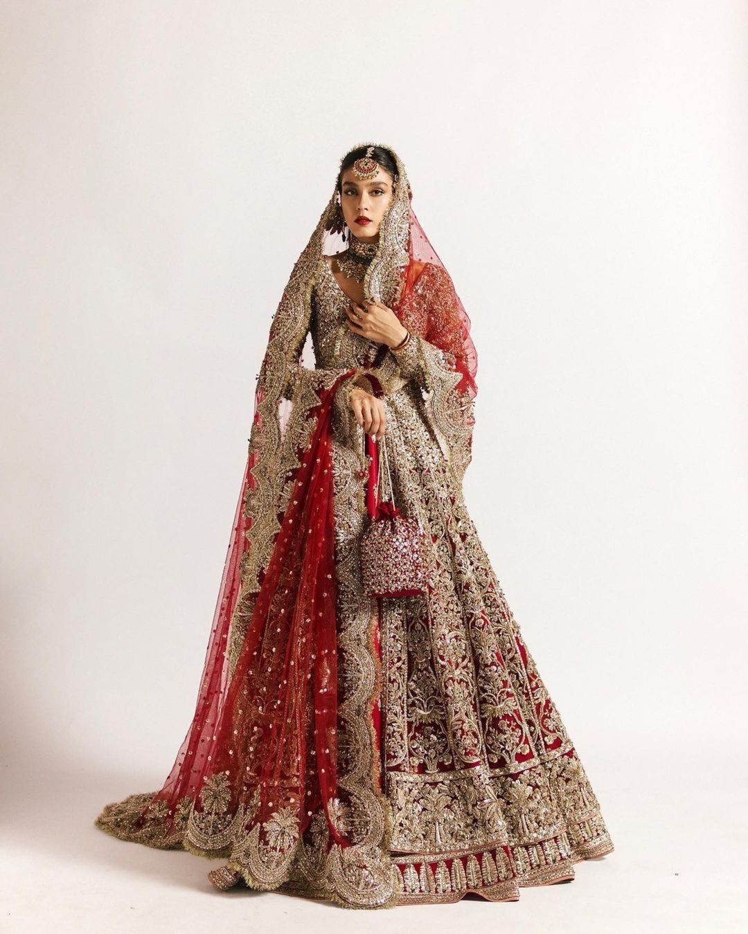 Red Designer Pakistani Bridal Split Jacket with Lehenga and Embellishment - DN-1486