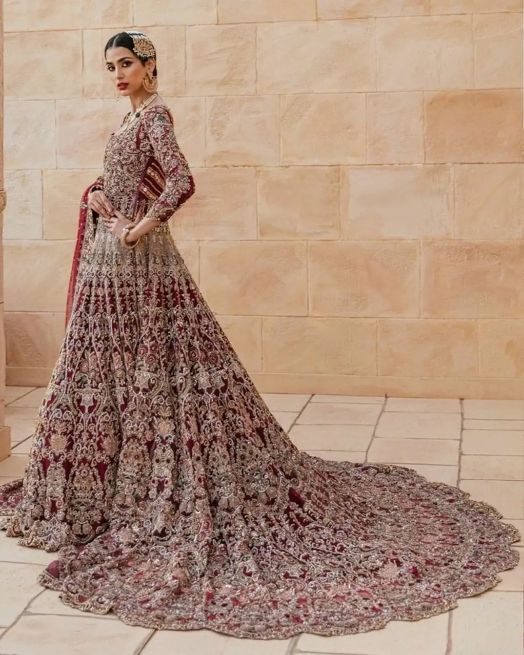Red Traditional Indian and Pakistani Bridal Long Trail Gown with Embellishment - DN-1483