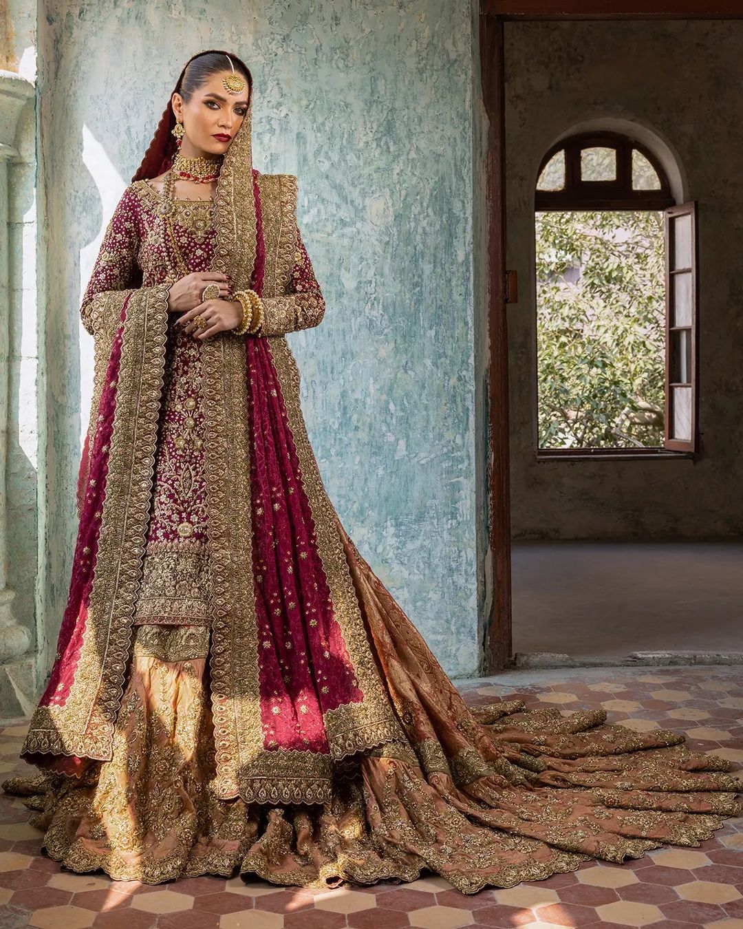 Classy Pakistani Pink and Golden Farshi Lehenga with Embroidered Kurti - DN-1485
