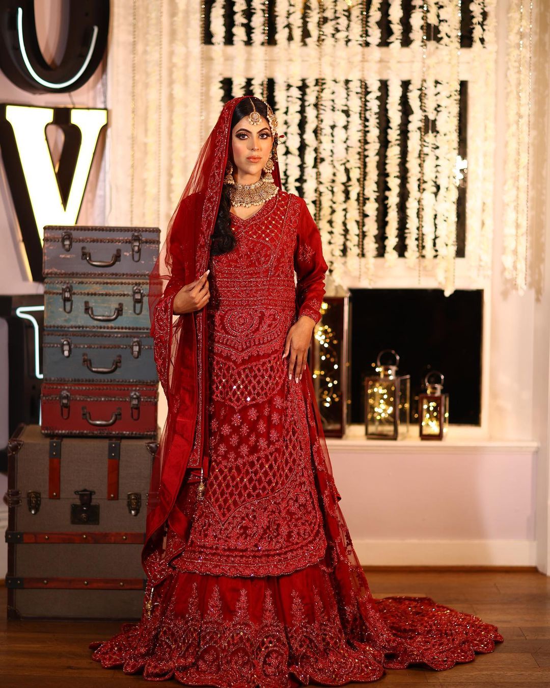 Red Designer Pakistani Wedding Long Trail lehenga with kurti and Embellishment - DN-1482