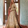 Golden Designer Pakistani Wedding Long Split Jacket with lehenga and Embroidered Red Dupatta - DN-1481