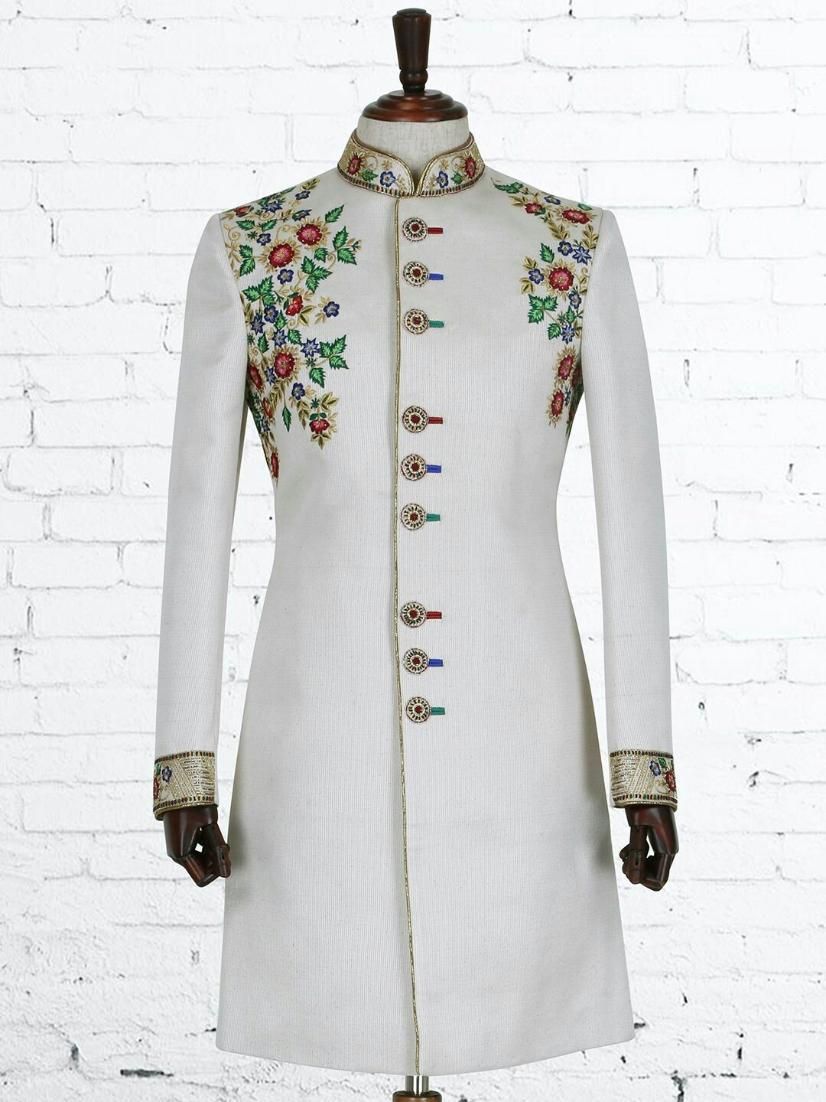 Men’s Ivory Sherwani Embroidered Wedding Indo Western Coat Groom Ethnic Outfit – DN-3007