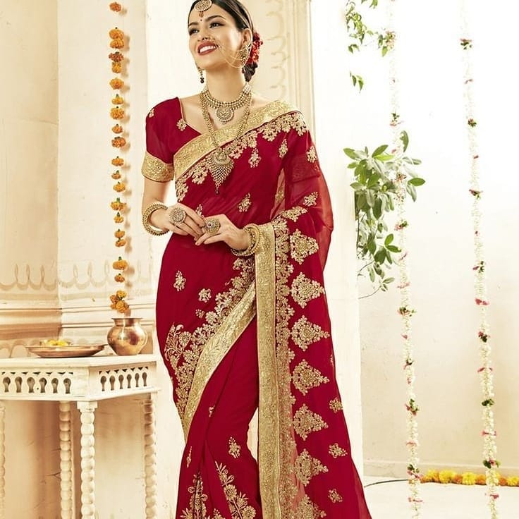 Red Designer Partywear and Wedding Saree with Embroidery Bespoke - DN-1145