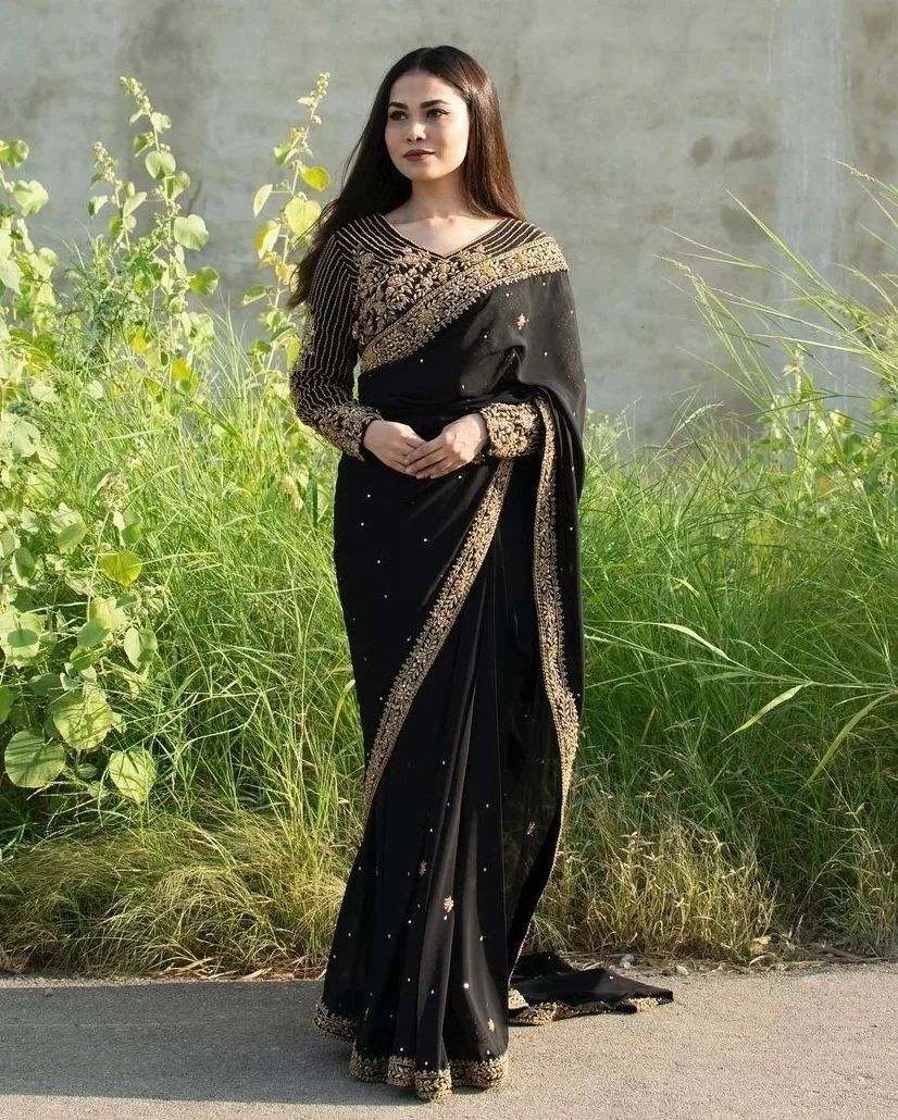 Black Designer Partywear and Wedding Saree with Golden Embroidery And Bespoke - DN-1148