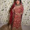 Designer Golden Pakistani Nikaah Long Trail Lehenga with Red kurti and Embellishment - DN-1453