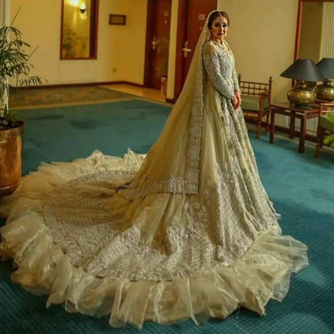 Pakistani Designer Walima Frill long Trail Gown with Embroidery and Bespoke - DN-1147