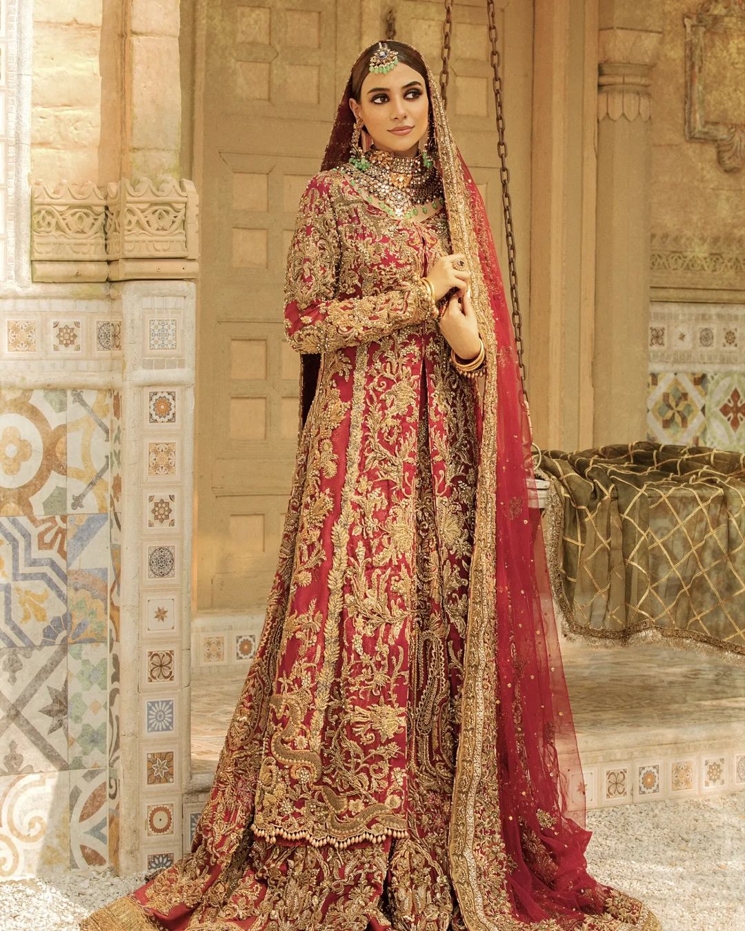 Red Pakistani Bridal Long Trail Lehenga with Embroidered Anarkali - DN-1552