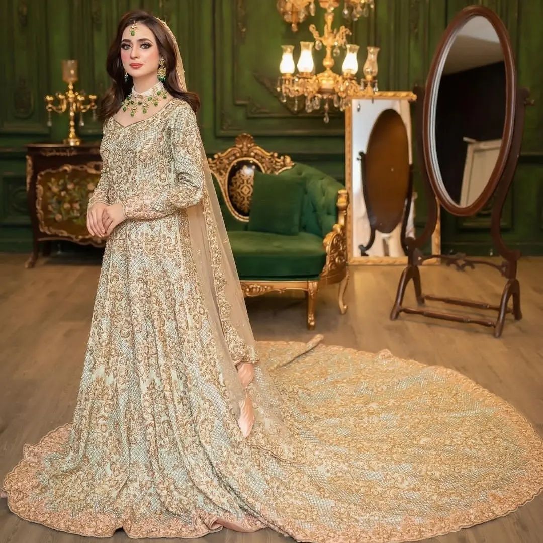 Ivory Designer Pakistani Wedding long Trail Gown with Embroidery and Bespoke - DN-1146
