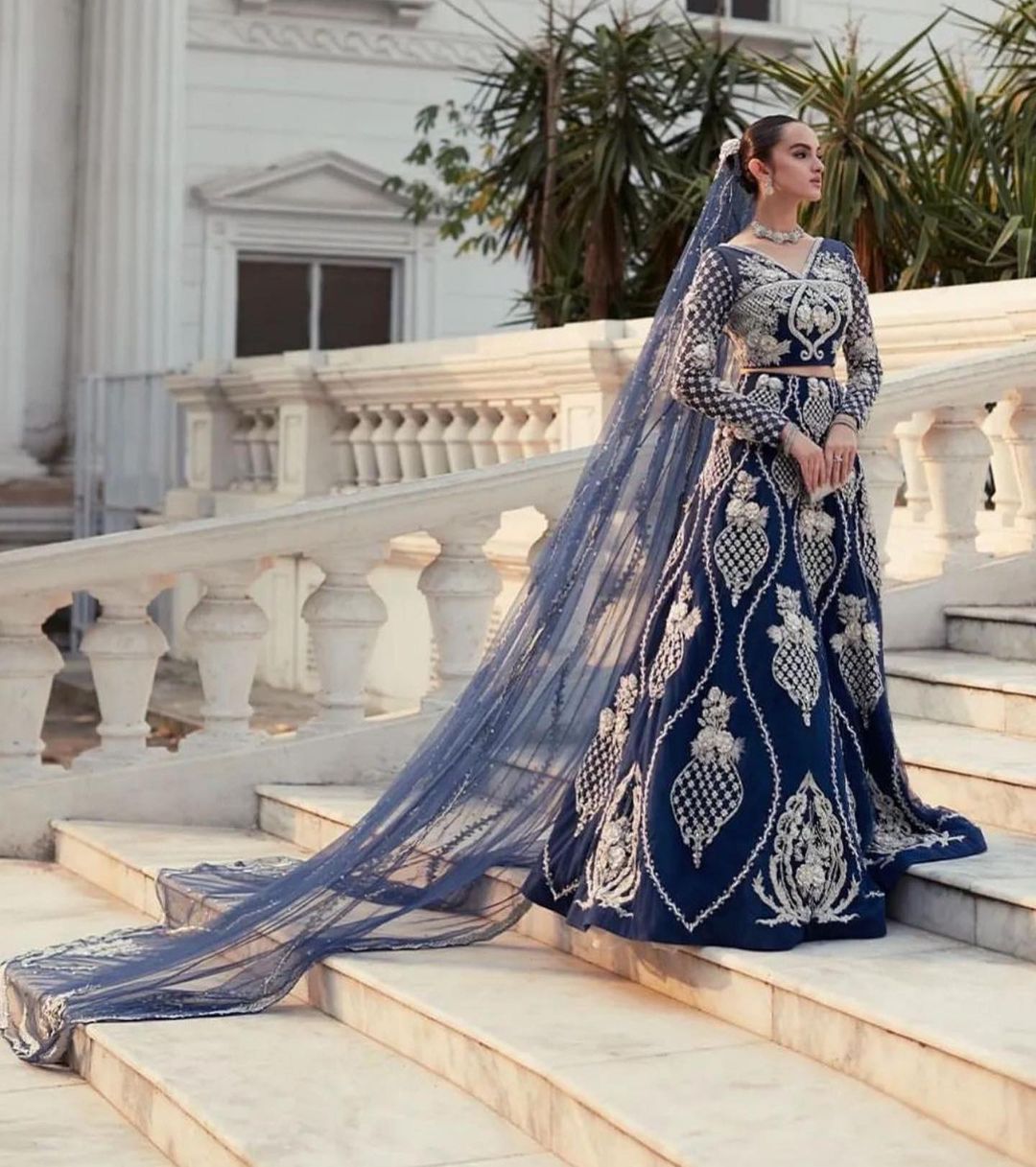 Blue Designer Indian Wedding lehenga choli with long Veil and Embellishment - DN-1400