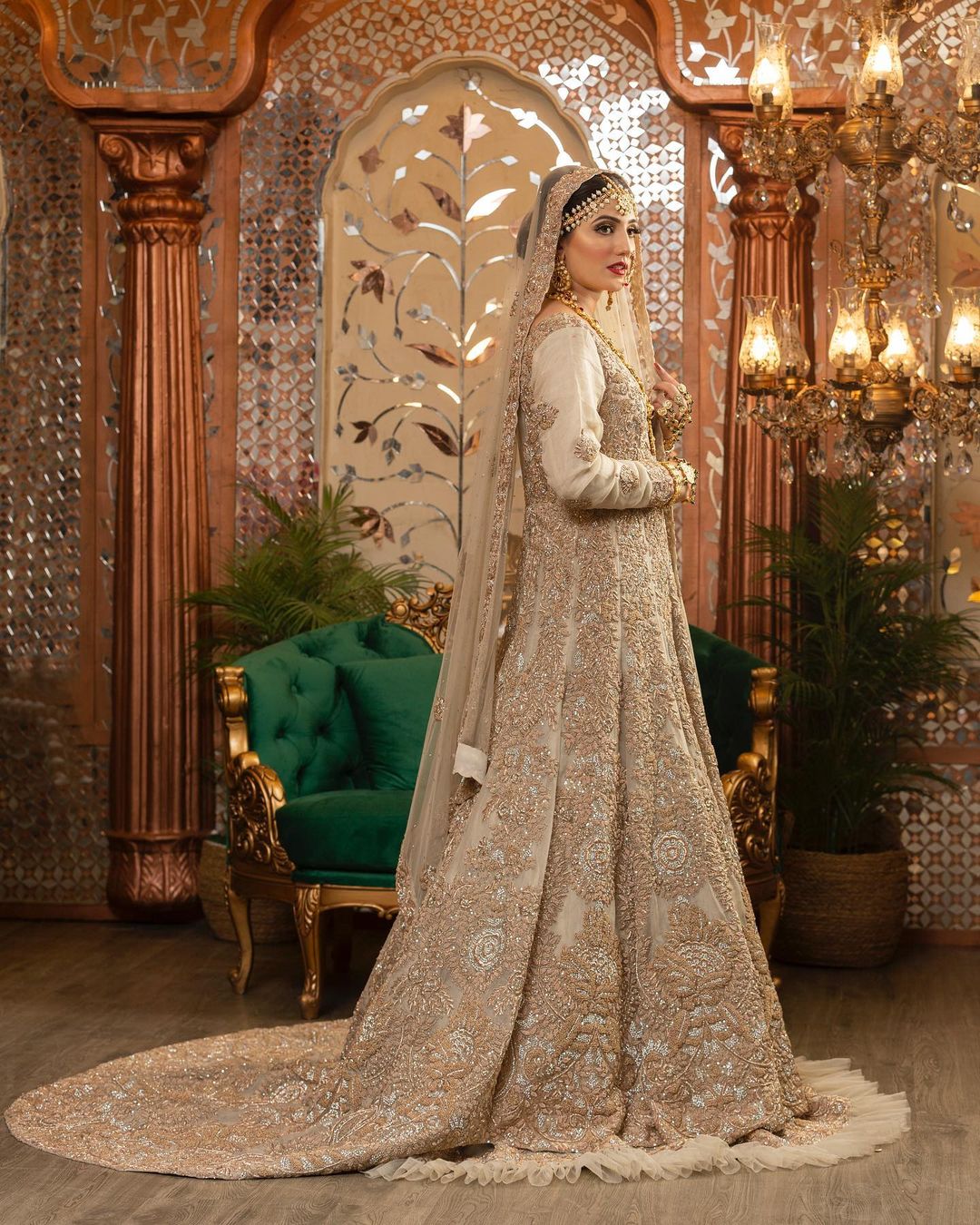 Golden Designer Classy Wedding Waleema long Trail Anarkal with Lehenga and Embellishment - DN-1479