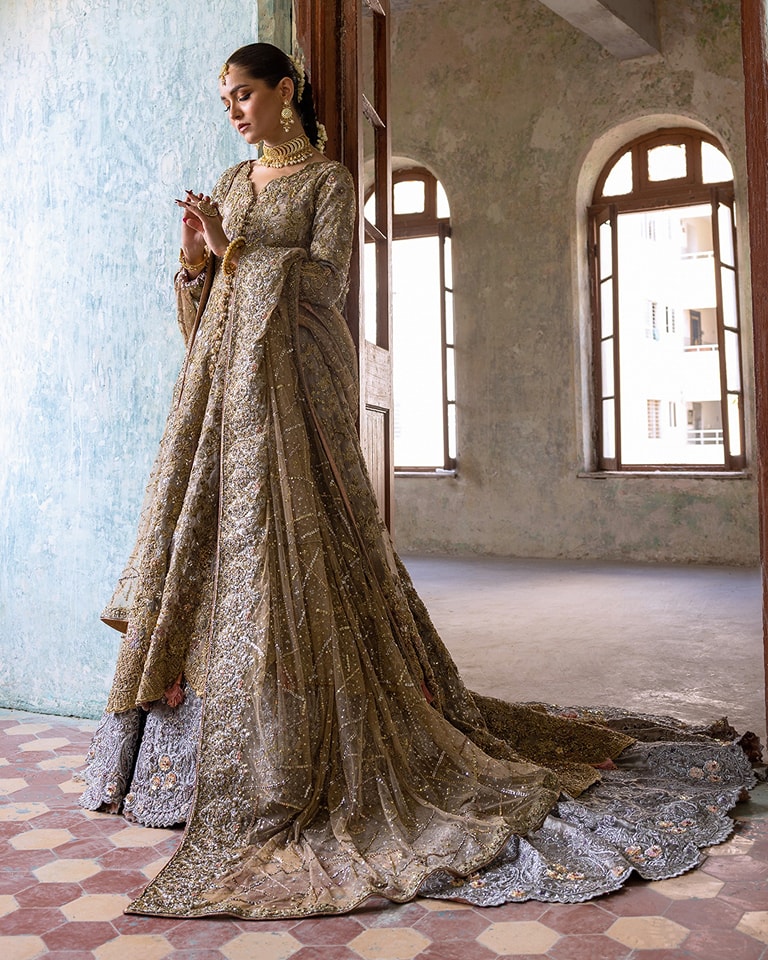 Golden Designer Pakistani Waleema Split Jacket with Purple Long Trail Lehenga and Embellishment - DN-1478
