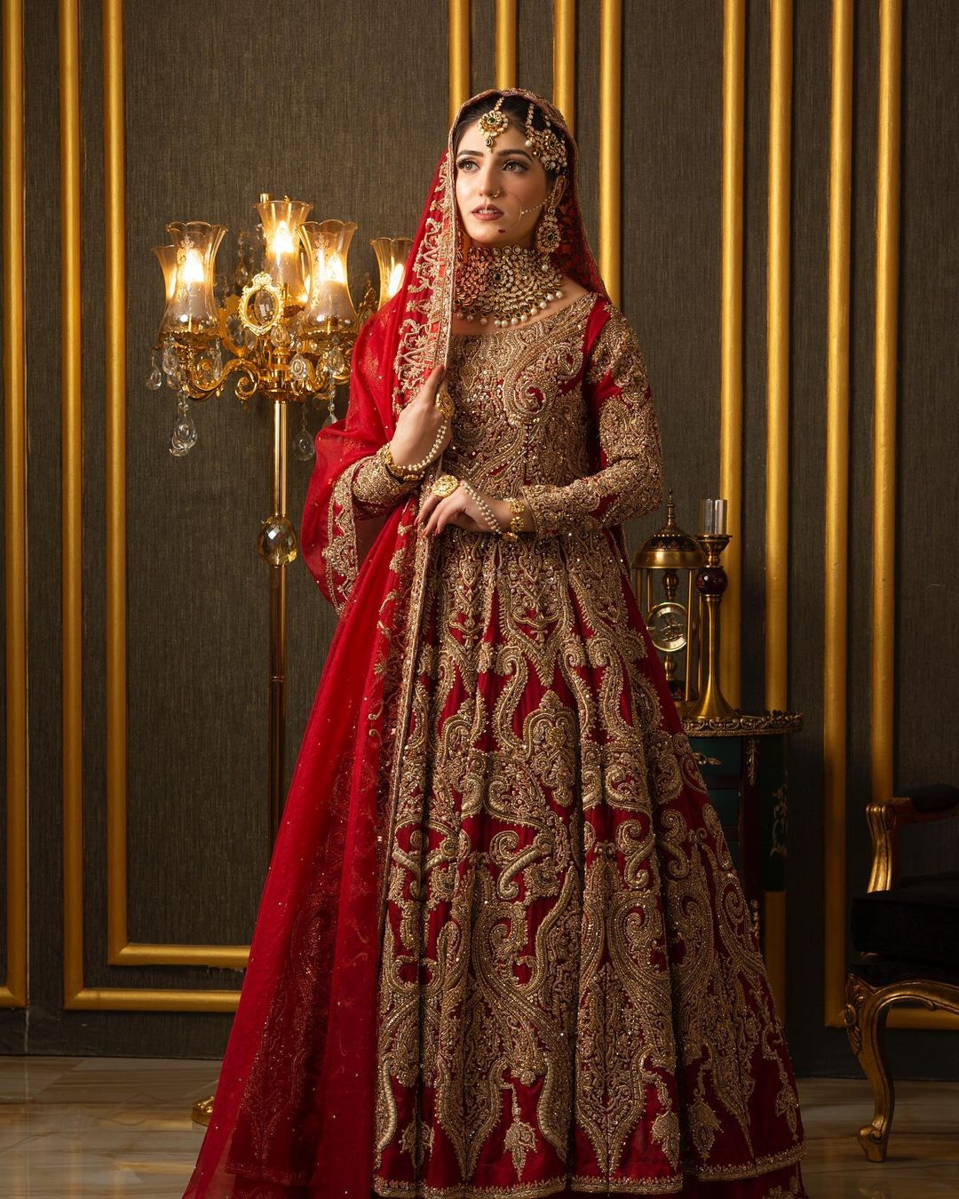 Red Traditional Pakistani Bridal Long Anarkali with Lehenga and Embellishment - DN-1480