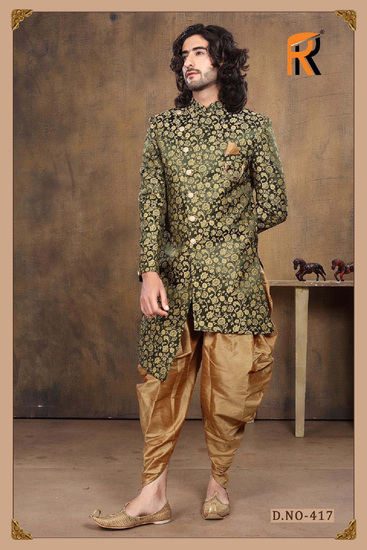 Leaf Green and Golden Sherwani - DN-2041