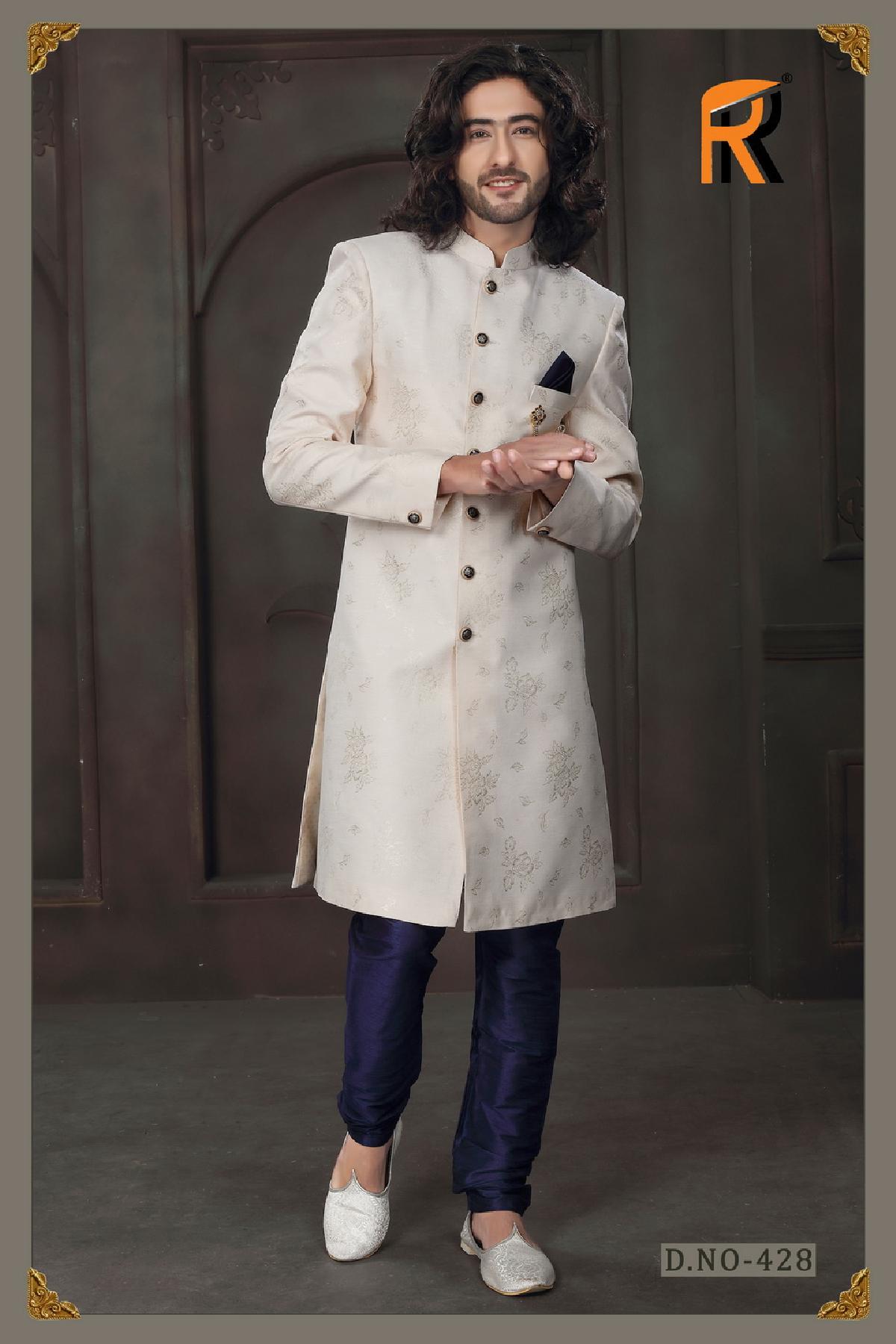 Off white and golden color groom sherwani with flower embroidery - DN-2050