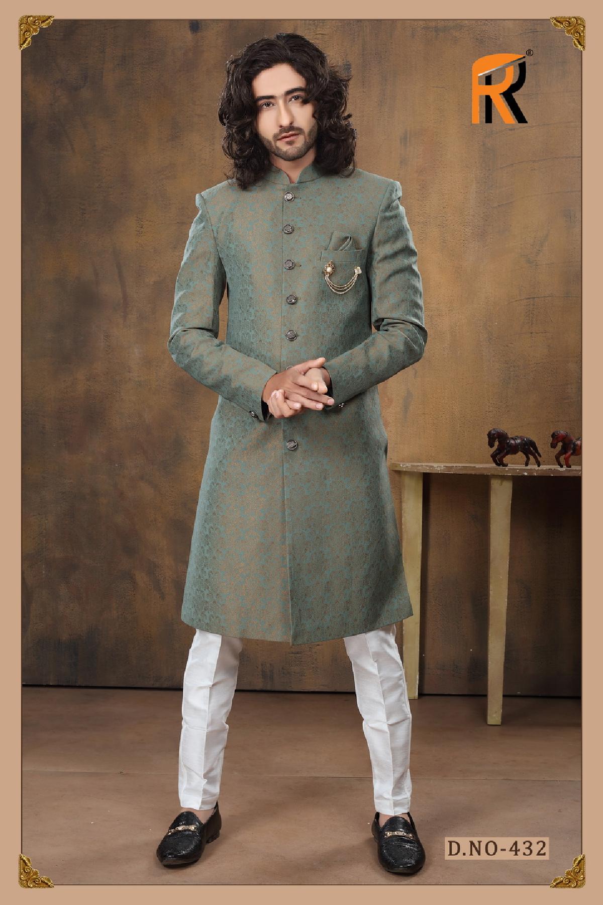 Wedding grey and green color groom sherwani with embellishment - DN-2051
