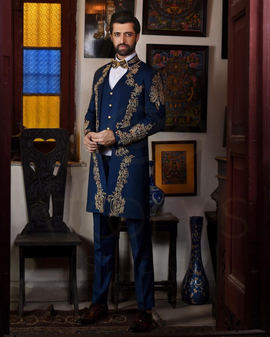 Navy Blue Designer tailcoat jacket,waistcoat with trouser with hand embroidery at the front of the jacket - DN-1321