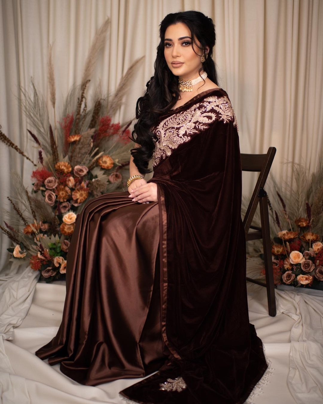 Brown Designer Velvet Partywear and Wedding Saree with Embroidery Bespoke made to order - DN-1299