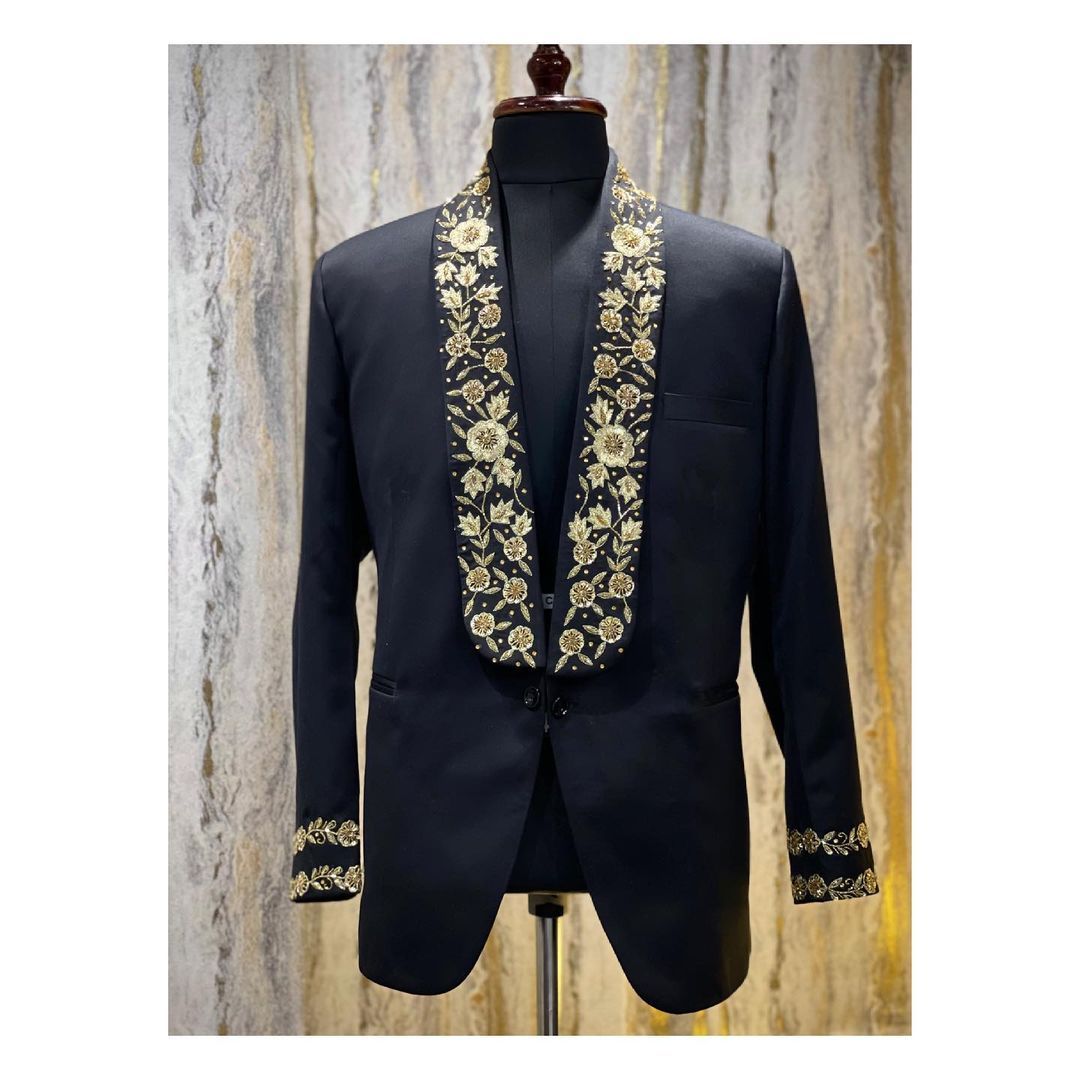 Designer Partywear Blue Tuxedo Suit with Golden Embroidery - DN-1317