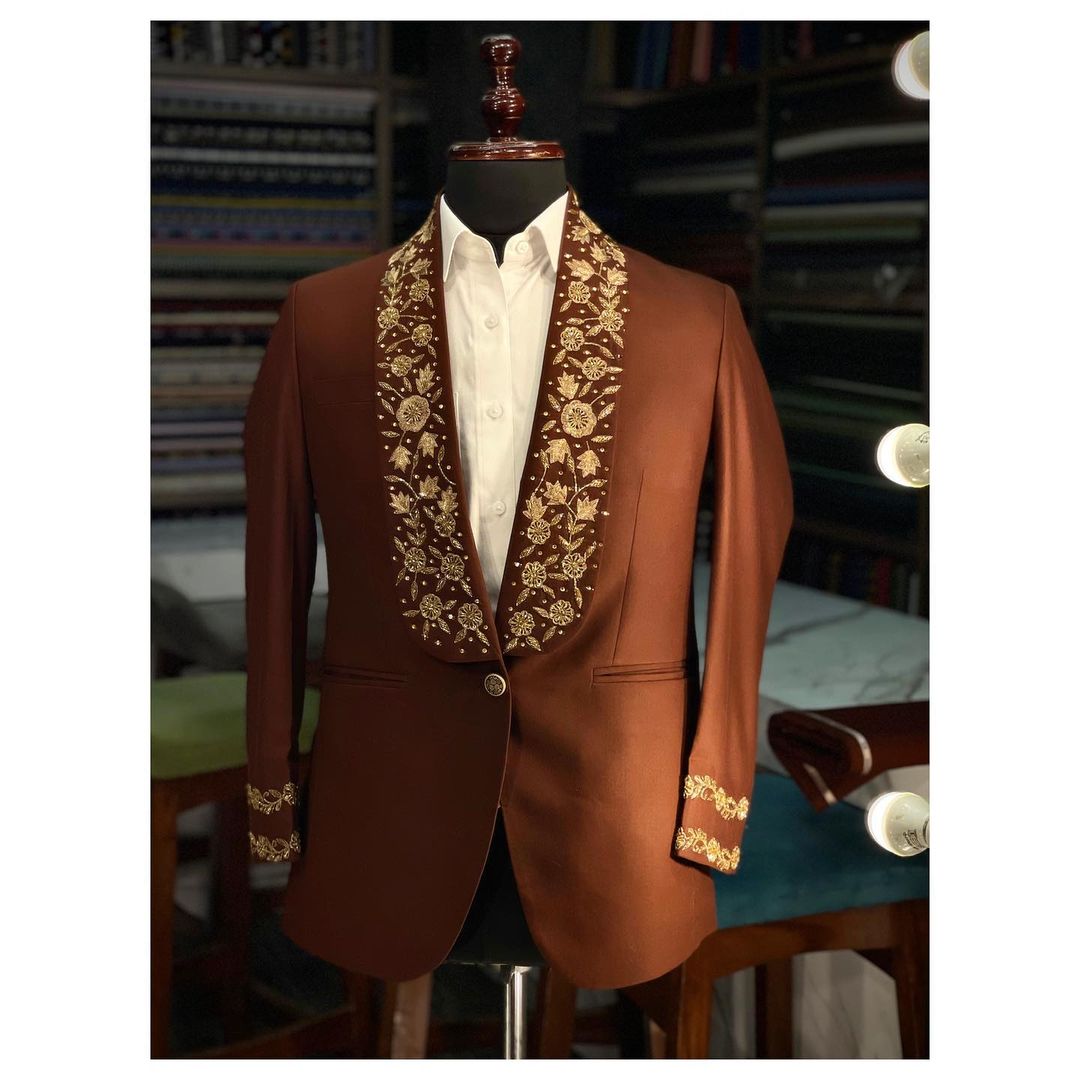 Reception Designer Brown Tuxedo suit with embroidery - DN-1318