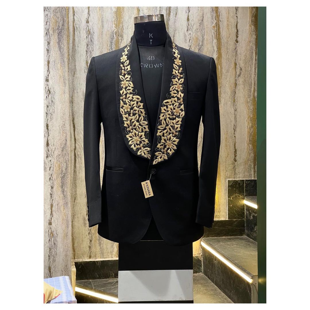 Designer Black Men New Collection of Tuxedo Suit with Golden embroidery - DN-1319