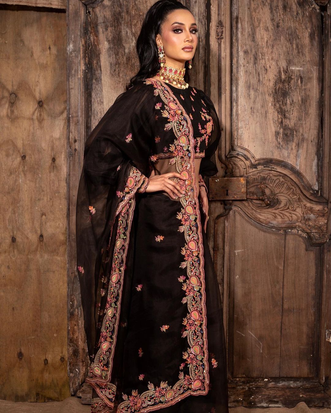 Black Designer Partywear and Wedding Saree with Embroidery Bespoke made to order - DN-1297