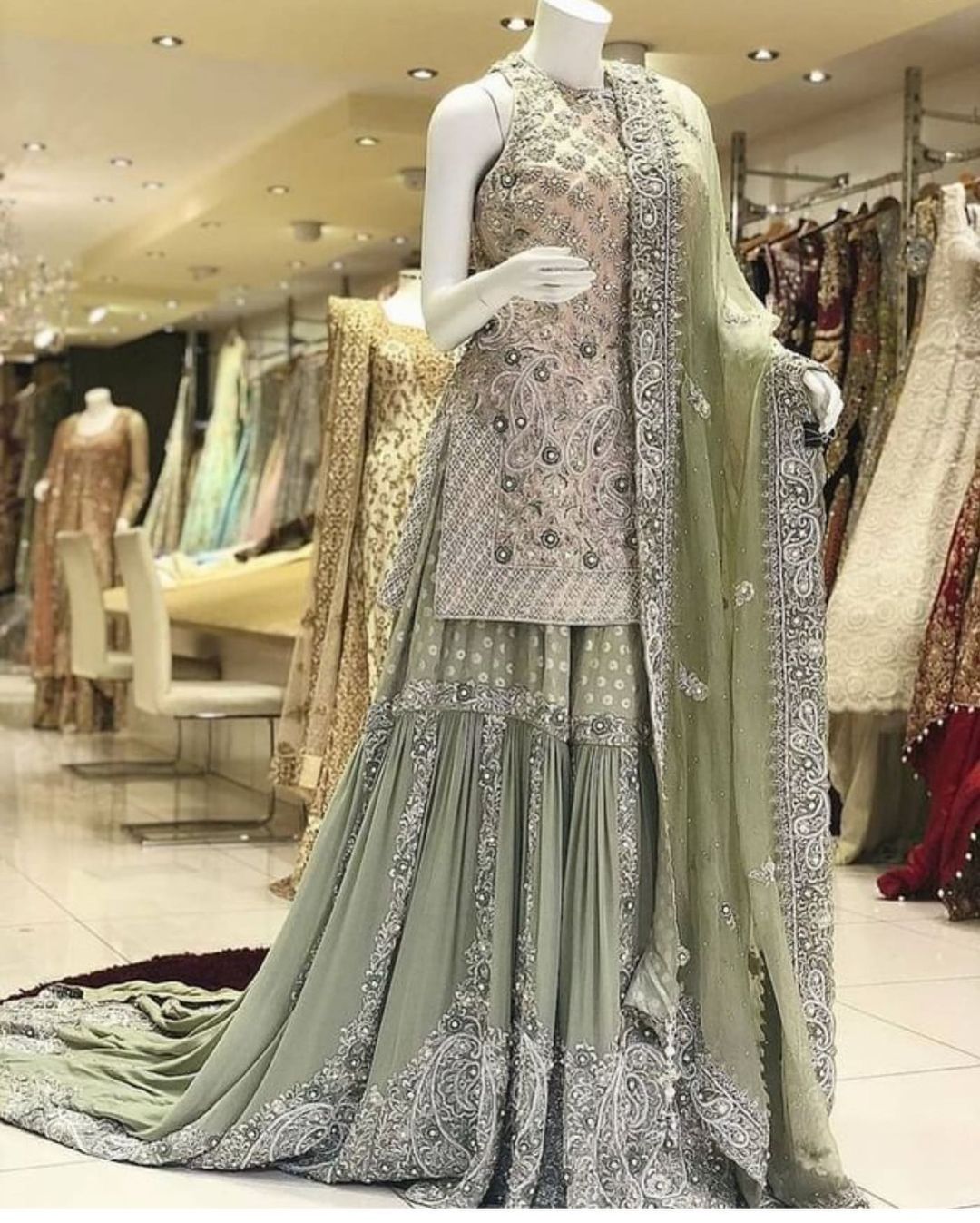 Light Green Classy Designer Pakistani long Trail Garara with kurti and Embroidery - DN-1311