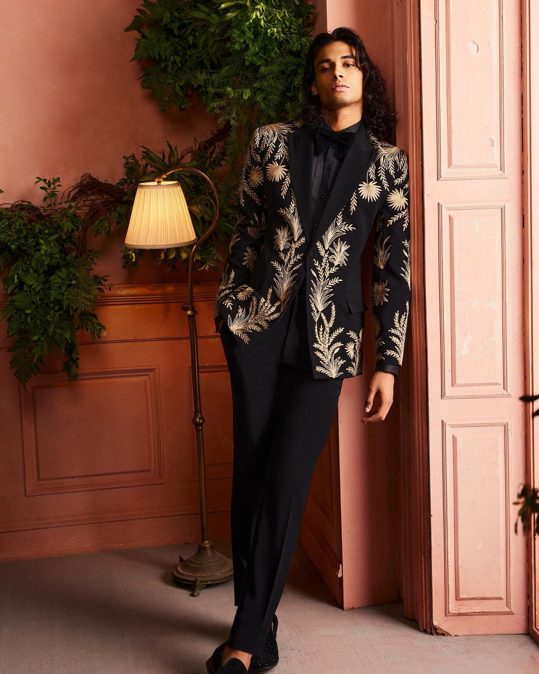 Designer Reception Black Tuxedo suit with Golden Embroidery - DN-1312