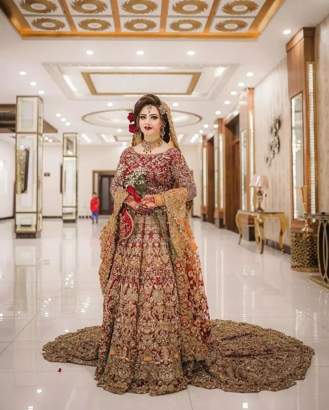 Indian Red Bridal Long Trail Anarkali with Lehenga Golden Embroidery - DN-1543