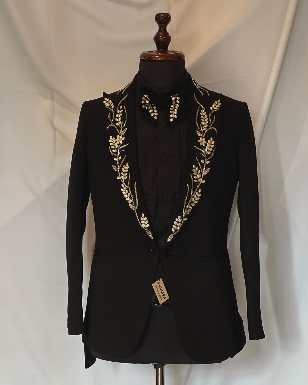 Designer Black shiny Groom Tuxedo suit with Golden Flower embroidery - DN-1320