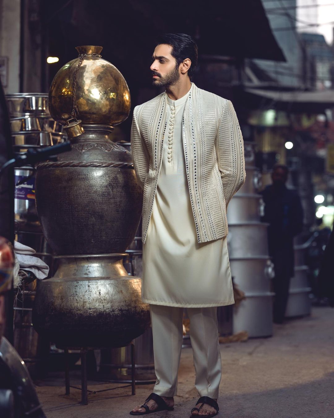 Designer White Partywear kurta with Brocade jacket with handwork - DN-1316