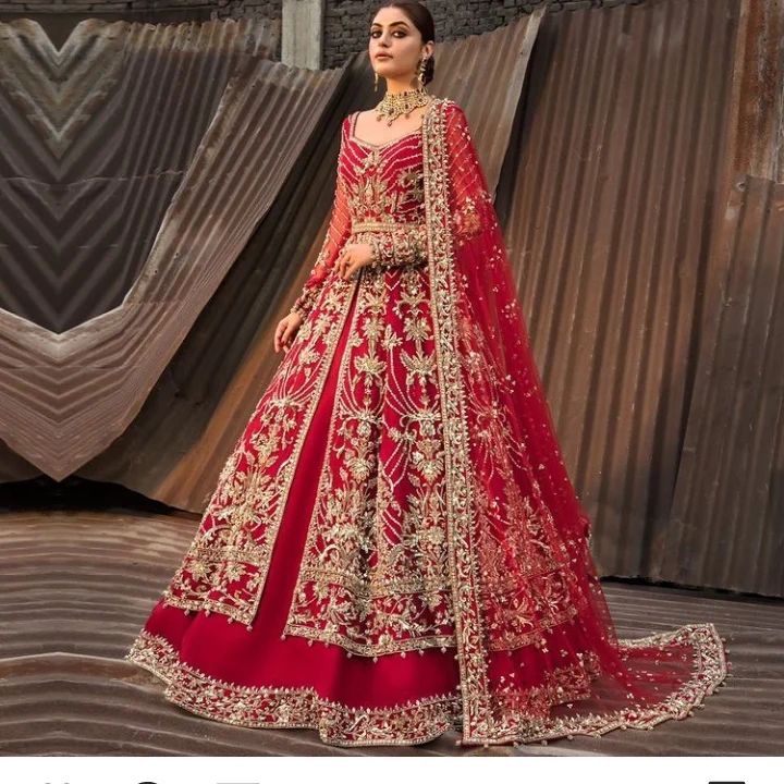 Red Designer Bridal Long Split Anarkali with Lehenga and Embellishment - DN-1553