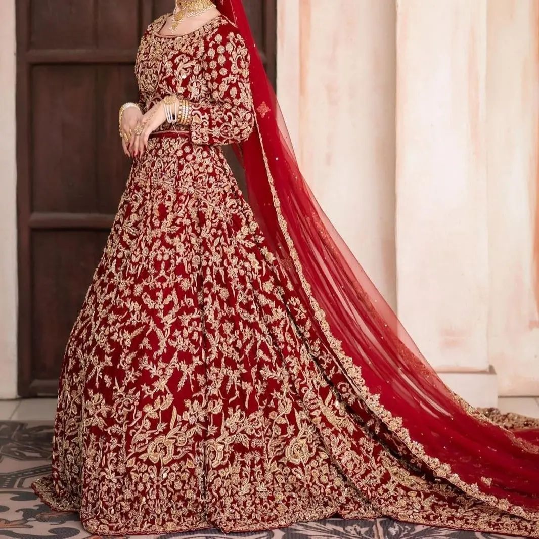 Red Designer Bridal Long Trail Lehenga Choli with Golden Embroidery - DN-1542