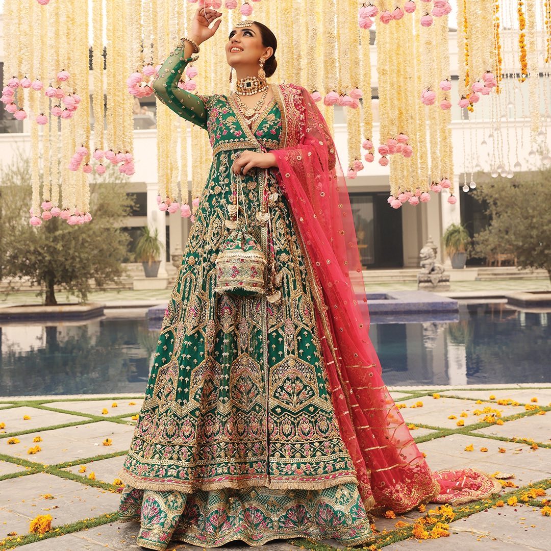 Designer Green Pakistani Bridal Anarkali with Skirt For Waleema - DN-1558
