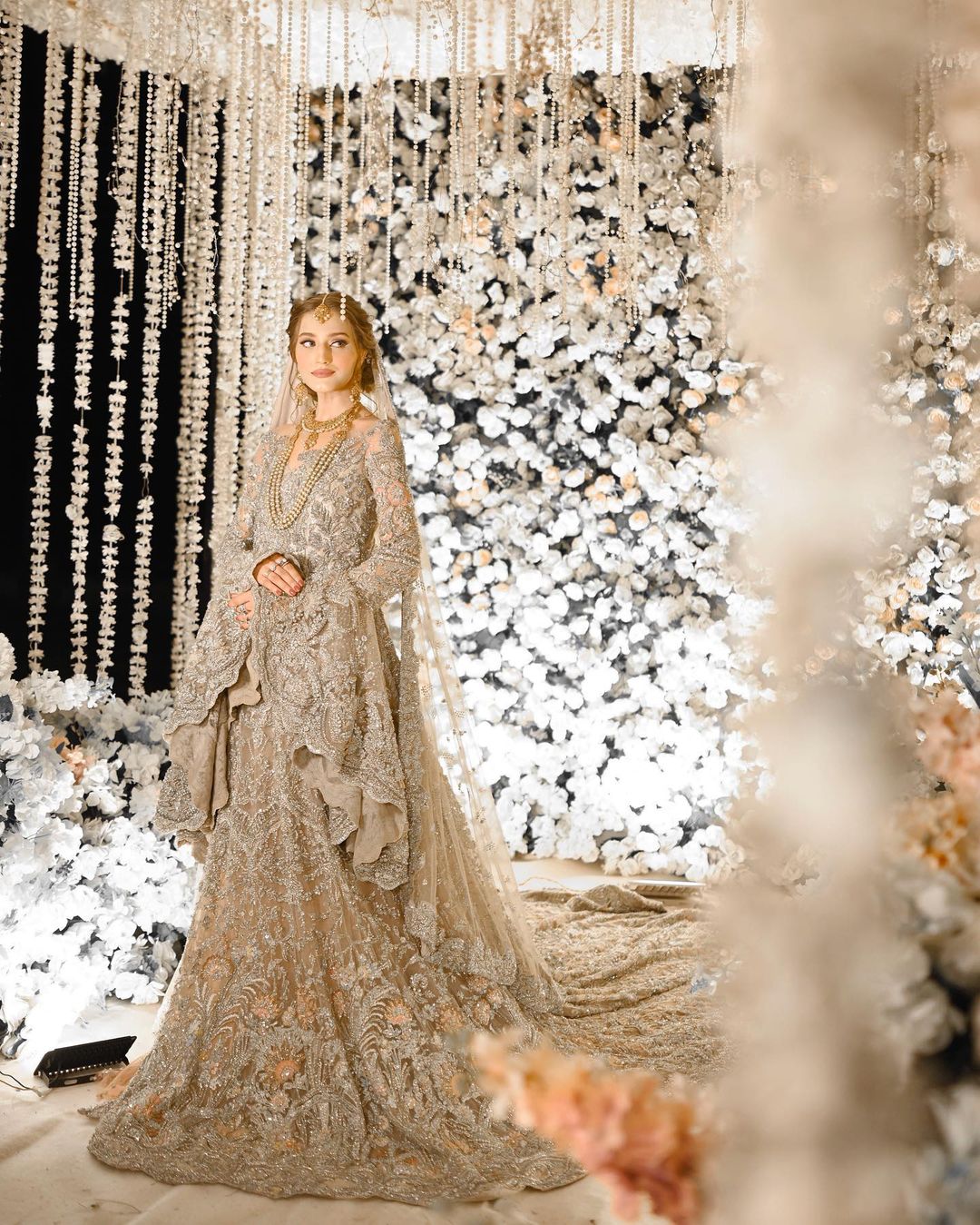 Ivory Designer Pakistani Waleema Long Trail Gown with Golden Embroidery - DN-1530