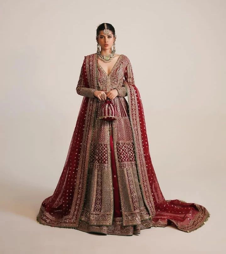 Pakistani Red Bridal Split Jacket with lehenga and Embellishment - DN-1529