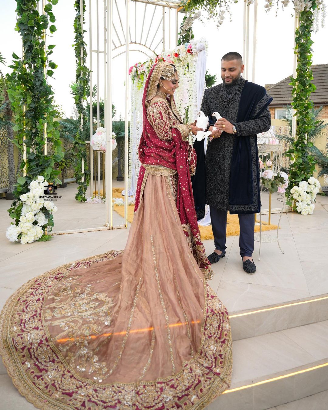 Red and Golden Classy Pakistani Wedding long Trail lehenga with kameez and Embellishment - DN-1363