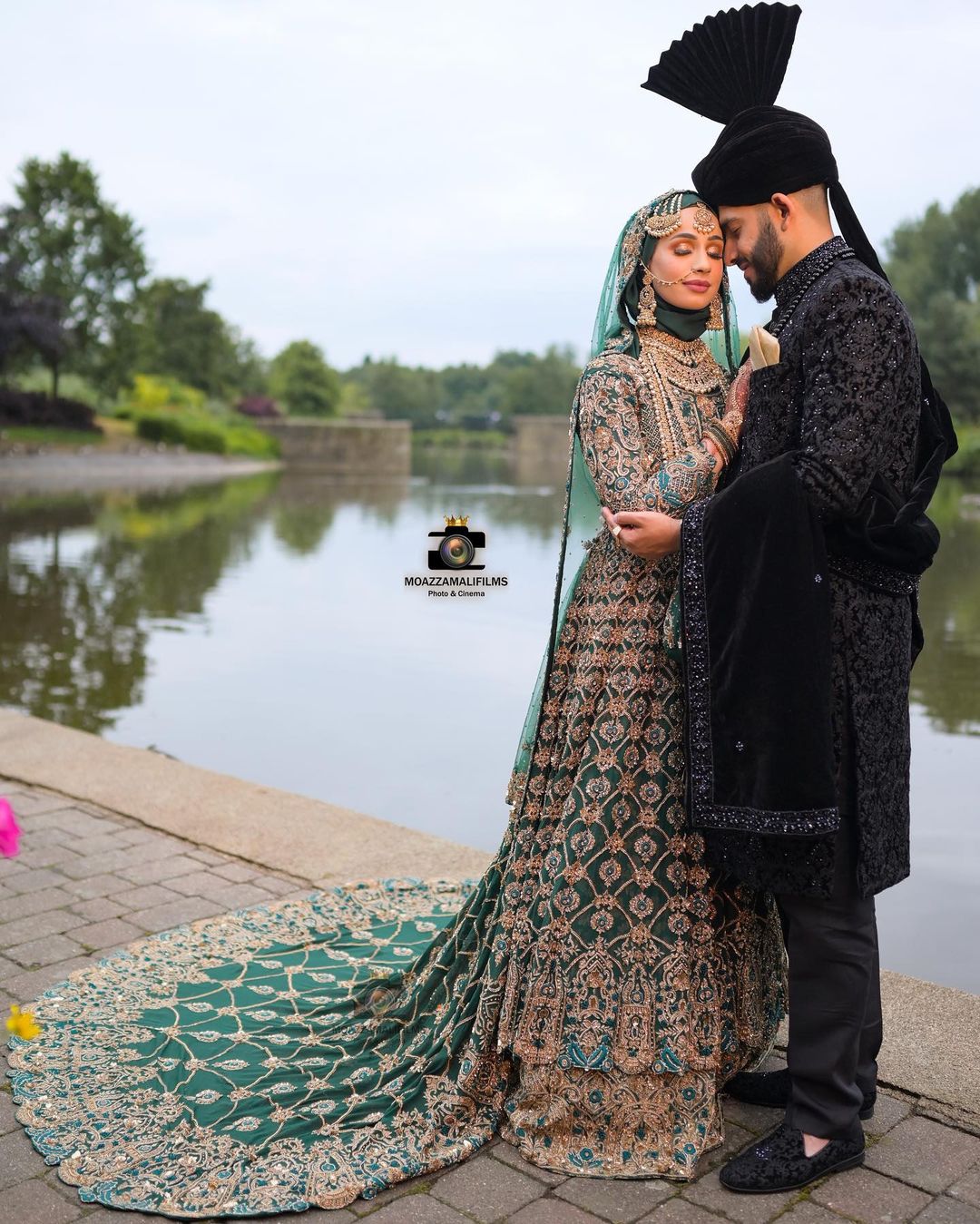 Green Classy Pakistani Designer Walima long Trail Anarkali with lehenga and Golden Embroidery - DN-1365