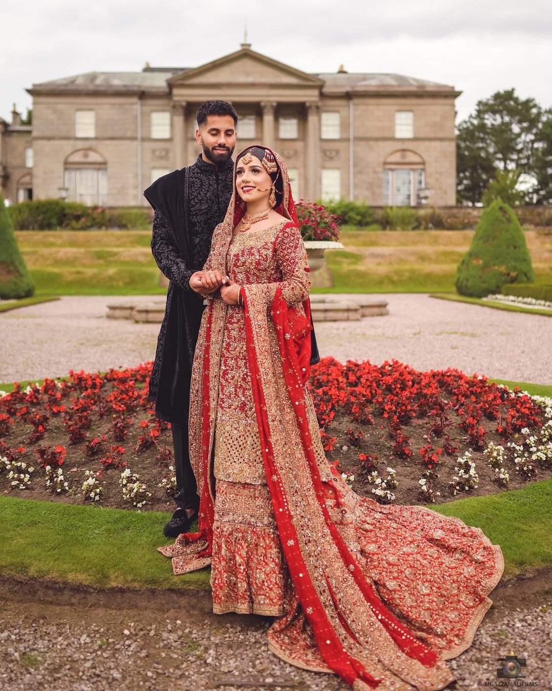 Traditional Red Pakistani Bridal long Trail frill lehenga with kameez and Embellishment - DN-1364