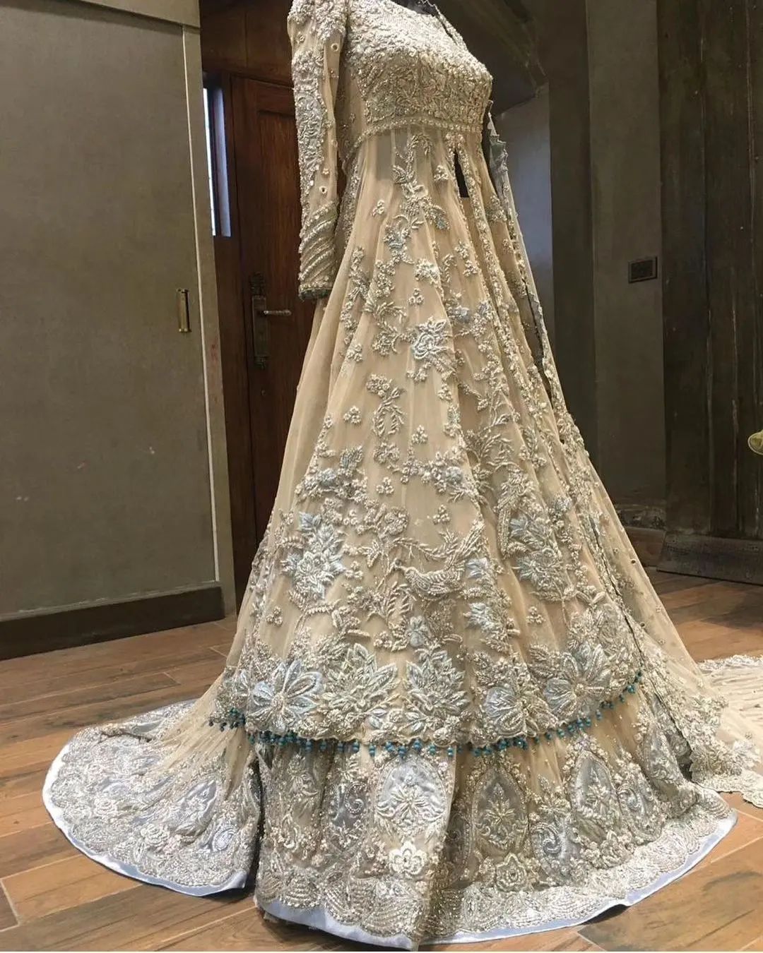 Golden Classy Designer Wedding and Reception Anarkali with lehenga with embroidery - DN-1335
