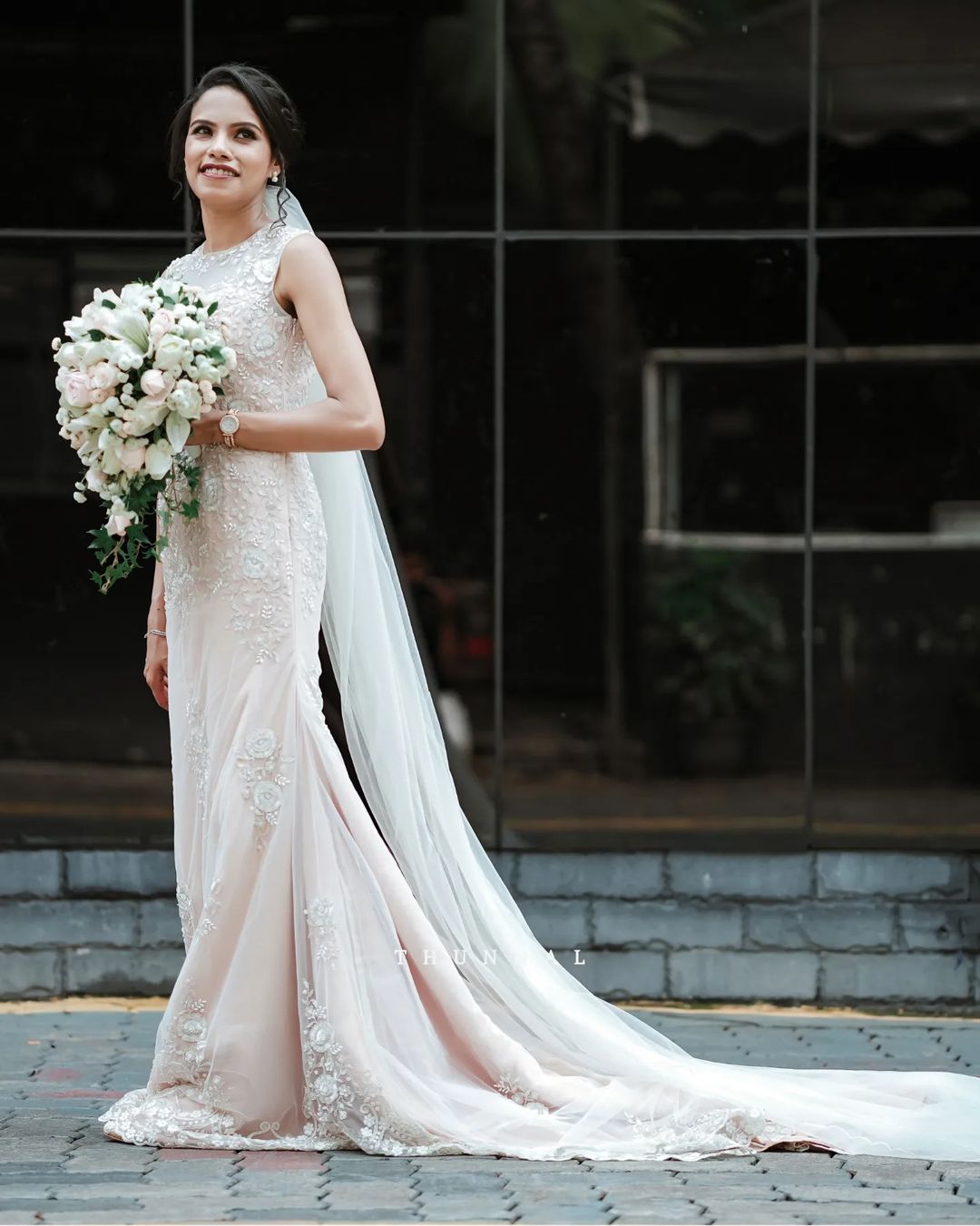White Designer long Trail Wedding Gown with Long Veil and Embroidery Bespoke made to order - DN-1285