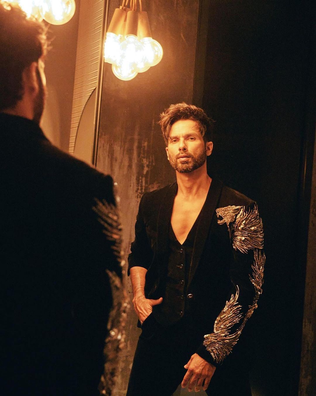 Bollywood Actor Shahid Kapoor Designer Partywear Black Tuxedo Suit with Golden lion Embroidery - DN-1315