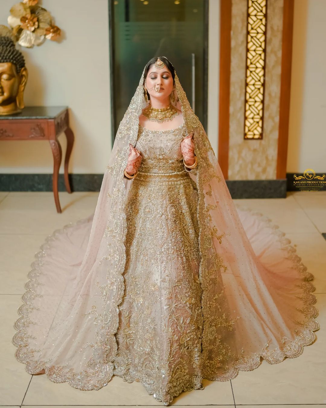 Ivory Classy Designer Reception and Wedding long veil Lehenga with embroidered full sleeve Blouse Bespoke - DN-1295