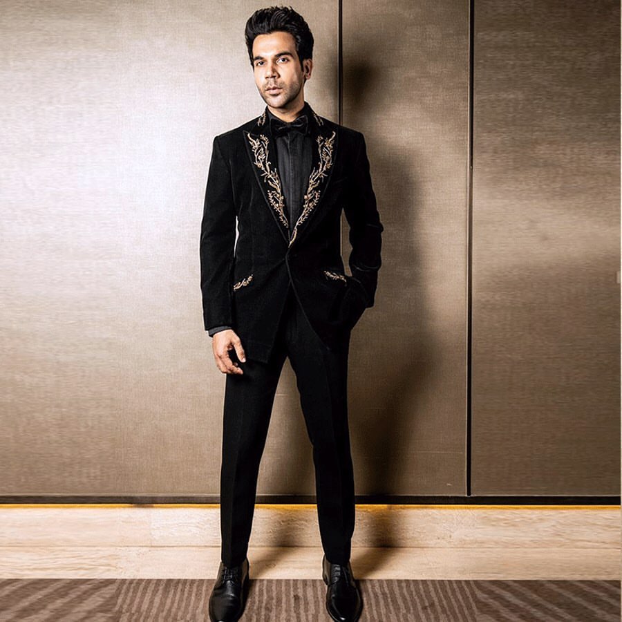 Bollywood Actor Rajkumaro Rao Designer Black Tuxedo suit with Handwork - DN-1314