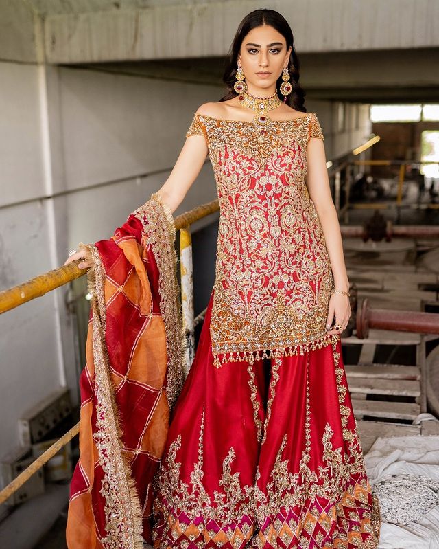 Red Pakistani Designer Sharara with Embroidered Kameez - DN-1605